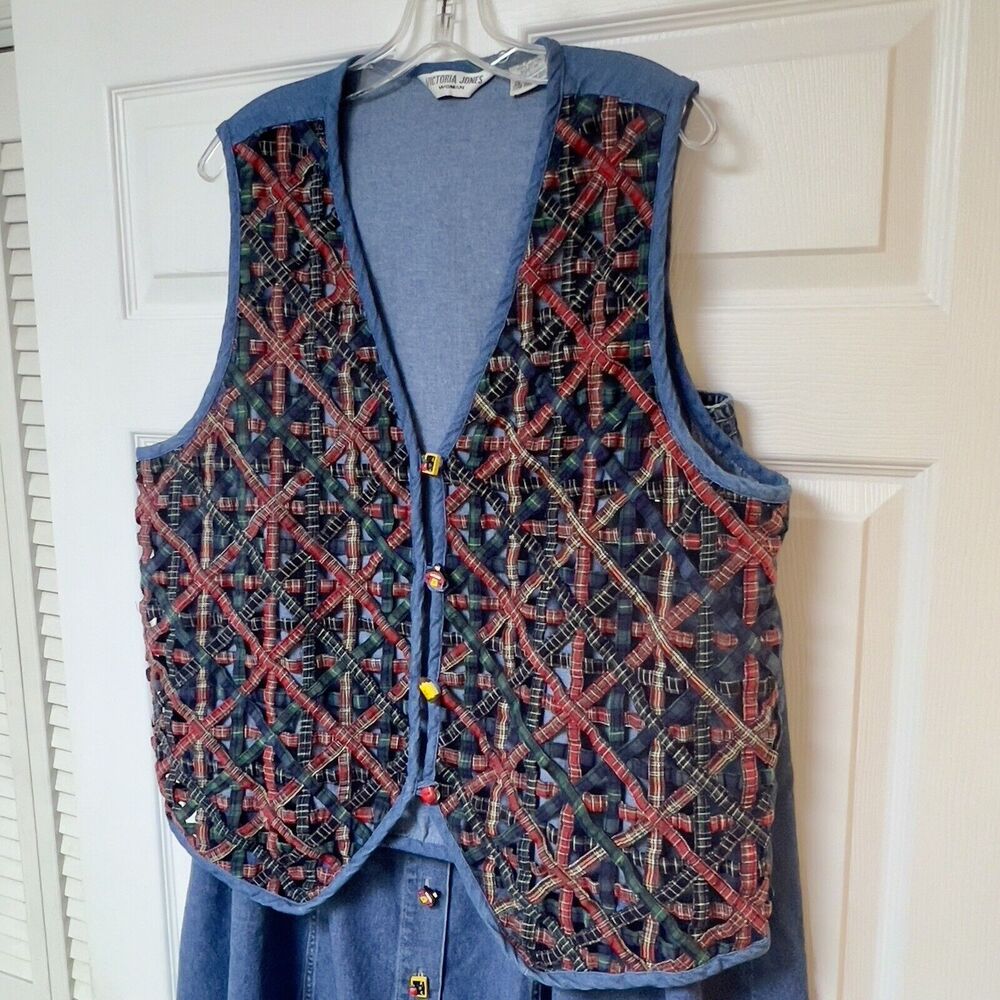 Victoria Jones Vtg 2 Pc Vest‎ Skirt Set Sz 1X~2X Teacher Denim Starburst Weave